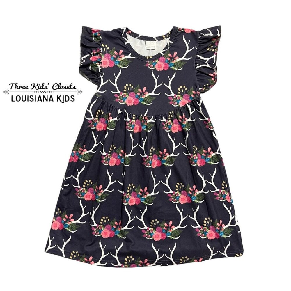 Girls (5/6) Navy Floral Deer Antlers Dress